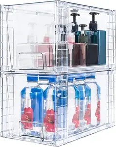 2 Pack Large Stackable Storage Drawers,Clear  Drawer Organizers with Handles, Easily Assemble for Kitchen Undersink,Bathroom,Cabinet,Makeup,Closet,Pantry,Organization and Storage