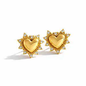 Gold Heart Studs Stainless Steel Earrings with Sparkling Diamonds for Women's Fashion