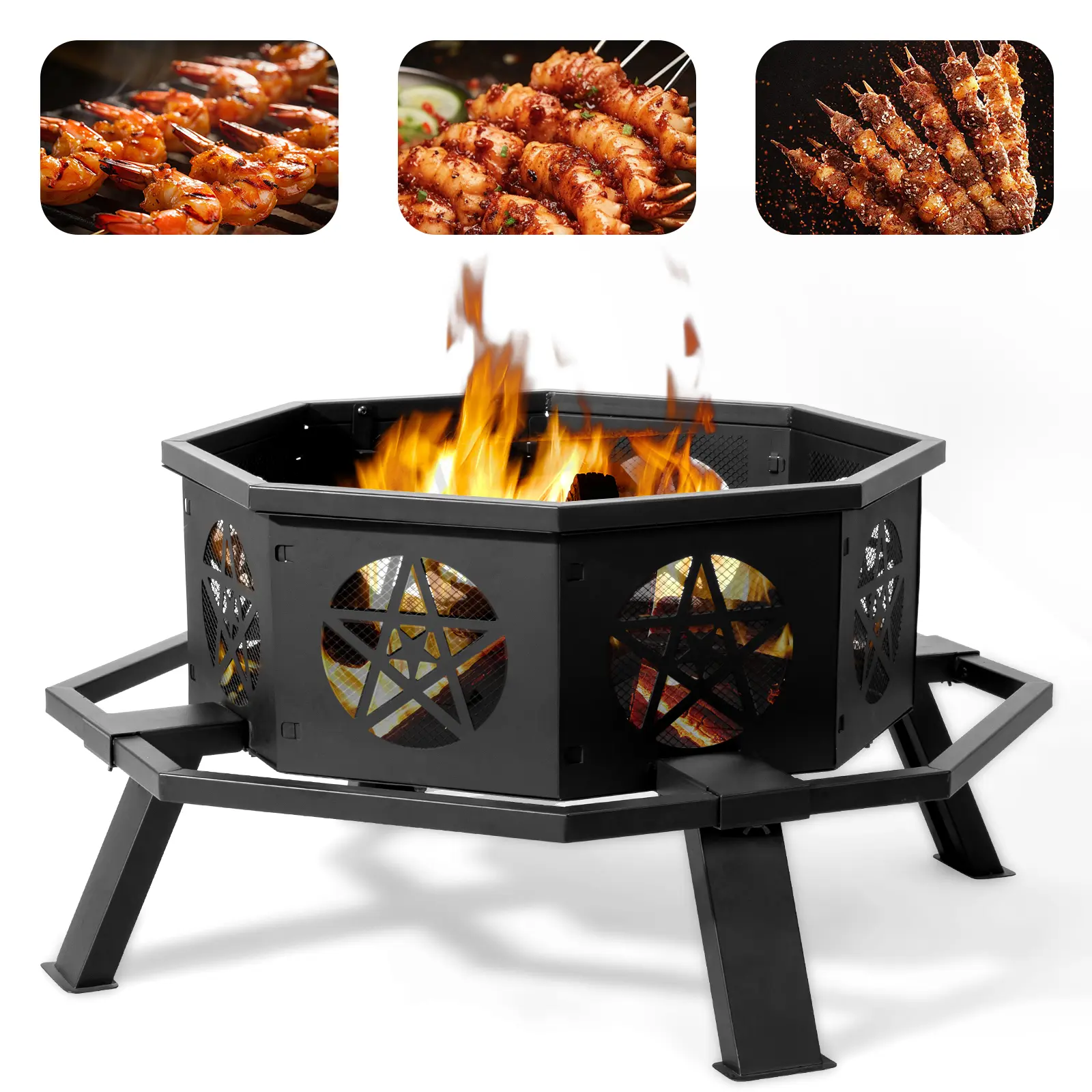 Fire Pit, 35"x17.5" Outdoor Octagonal Heavy Duty Wood Burning Fire Pit For Camping, Backyard, And Patio - Enhance Your Outdoor Experience With This Stylish