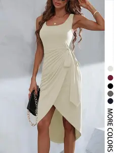 Women's Plain Dress, Casual Sleeveless Dress for Summer, Women's Clothing for Daily Wear, Elegant Draped Style