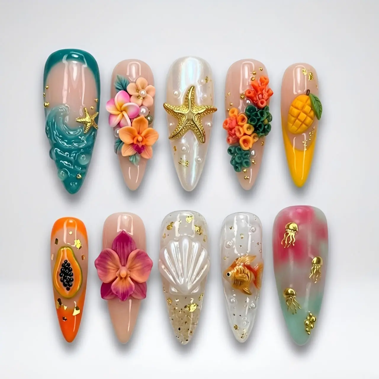 Handmade 3D Tropical Summer Press On Nails | Realistic Shell, Starfish & Goldfish Nail Art | Exotic Fruit Floral 3D Nails
