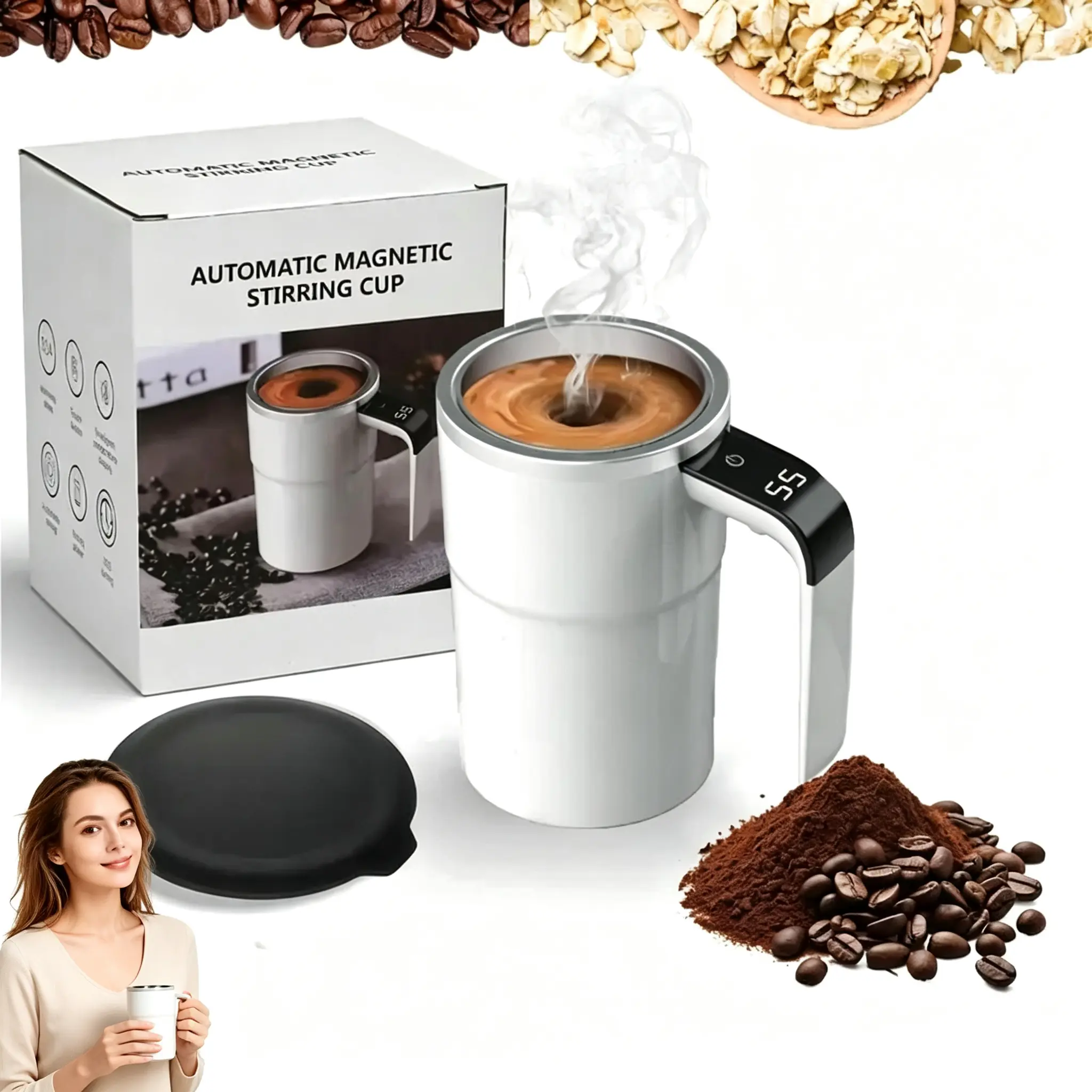 Portable Self-Mixing Automatic Mixing Cup, USB Rechargeable Magnetic Mixing Cup, Multifunctional Coffee Mixing Cup, Self Stirring Mug for Home Office Milk Cocoa with Lid 13oz, Valentine's Day gifts,The best gift for your partner