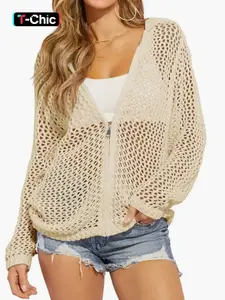 Women's Knitted Open Front Cardigan Coat with Long Sleeves and Zipper, Classic Hollow Design, Mesh V Neck, Loose and Comfortable Casual Wear for Spring and Summer