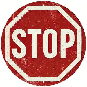 [2D Flat] Vintage Stop Sign Aluminum Wall Art - 7.8" Round Retro Traffic Symbol Poster, Perfect For Bar, Cafe, Beach House, Playroom & Backyard Decor, Metal Outdoor Decor