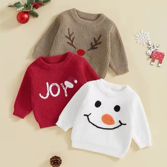 Toddler Girls Boys Christmas Knit Sweater Long Sleeve O Neck Elk/Snowman/Santa Hat Embroidery Pullover Knitwear