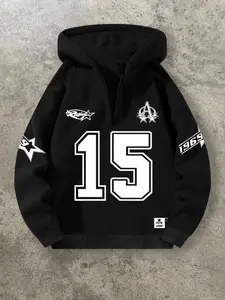 Men's Casual Loose-Fit Hooded Sweatshirt, Fall & Winter Thick Fabric, Half-Zip Long Sleeve Pullover, College Style City Name Print, Graphic Print Hoodie, Tops