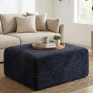 Joylsle 34.2" Plush Black Corduroy Cloud Velvet Boneless Ottoman - Modern All-Foam Multi-Functional Footrest, 660lb Heavy Duty End of Bed Bench & Soft Extra Seating for Living Room & Bedroom