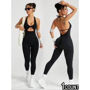 Women's Sexy Backless Halter Jumpsuit, High Elastic Breathable Fabric Jumpsuit, Removable Chest Pad, Stylish Activewear for Fitness, Sporty Jumpsuit, Ruched Sports Jumpsuit, Sporty Comfy Jumpsuit