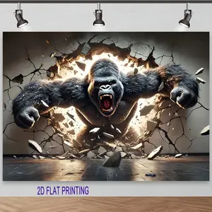 2D Flat, 2D Gorilla Breaking Through Wall Tapestry - Perfect for Indoor Wall Decor, Studios, Gyms, Photo Booths, Party Backdrops & More! No Installation Needed