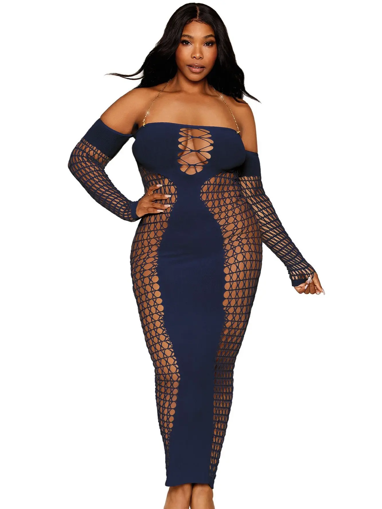 Women's Plus-Size Sexy Denim Bodystocking - Lady, 1 Size, Spandex-Nylon Blend, Long Sleeve, Halter, Off Shoulder, Seamless, Breathable, Fitted, Playful Sides, All-Day Wear
