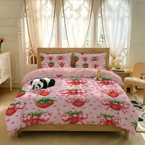 3pcs Single Bed Sweet Strawberry AND bow Pattern Bedding Set, Includes 1 Duvet Cover and 2 Pillowcases, No Padding, Our Sweet Berry is Turning One 🍓 The Cutest 18st Birthday Bedding Ever!