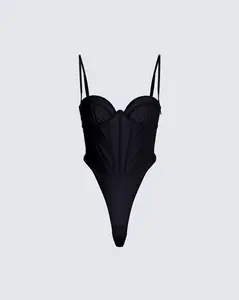 Fara Black Satin Corseted Bodysuit