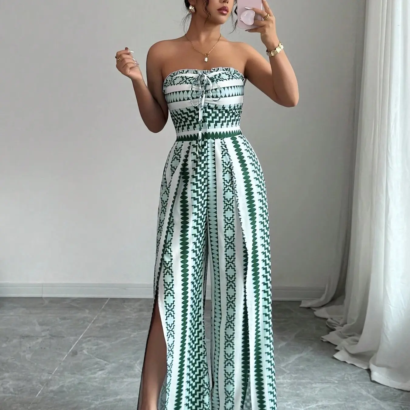 Breathable Flowy Wide Leg Geometric Printed Jumpsuit, Sleeveless Boho Style, Fit, High Waist, Leaf Print, Split Thigh Slit, Perfect for Beach, Work, Date Night