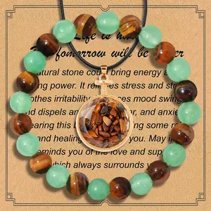 2pcs Natural Gemstone Bracelet Yellow Tiger Stone Necklace Healing Crystal Energy Stone Protection English Chakra Bracelet Jewelry Women's Birthday Gift