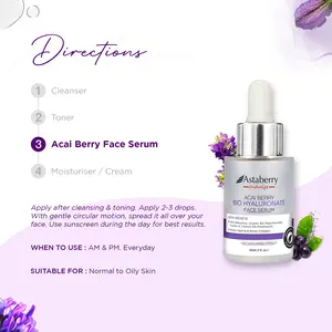 Astaberry Face Serum with Acai Berry, Bakuchiol Natural Retinol, Bio Hyaluronic Acid, Niacinamide, Vitamin E, Panthenol | Delays Aging, Reducing Fine Lines Wrinkles