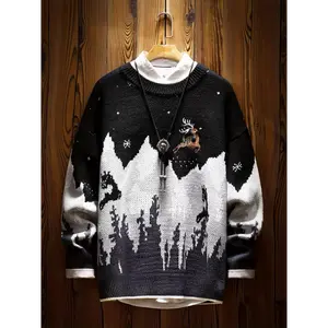 Snowy Peaks, Cozy Reindeer Embroidered Christmas Sweater for Men - Casual & Stylish Knit Pullover, Perfect for Fall/Winter