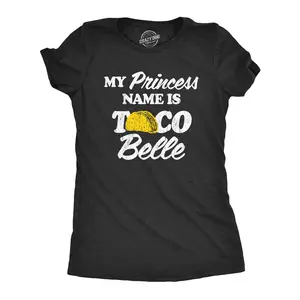 Womens My Princess Name Is Taco Belle T Shirt Funny Mexican Food Graphic Tee Funny Womens T Shirts Cute Vintage Fashion Casual Ladies T-Shirt Gift Funny Food Top Women's Novelty Tees Black