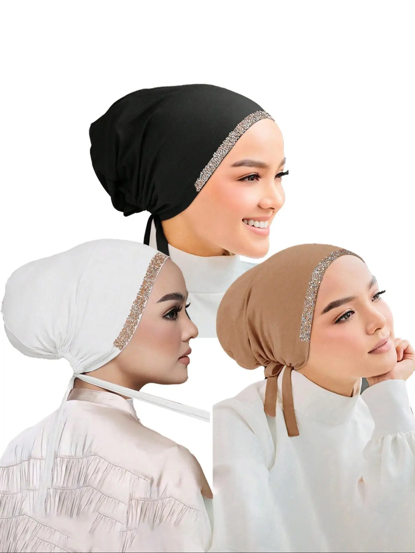 Women's Solid Color Rhinestone Decor Instant Hijab, Casual Comfortable Hijab for Daily Wear, Fashionable Minimalist Muslim Clothing Accessories for Wo