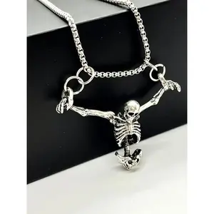 Vintage Metal Skull Pendant Necklace, Punk Gothic Alloy Skeleton Chain for Men & Women, Dangle Charm Necklace for Casual, Festival & Halloween Wear