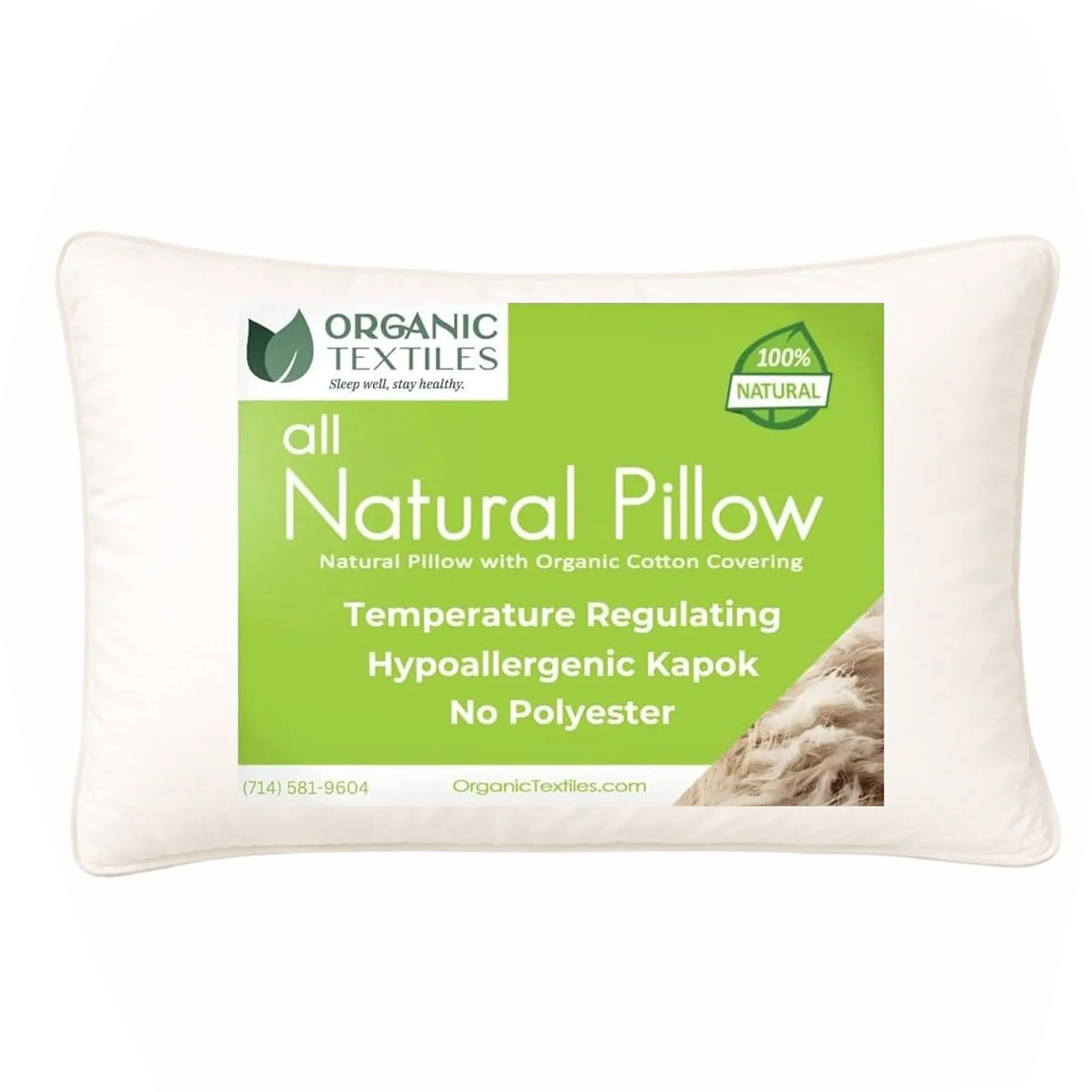 100% Natural Kapok Bed Pillow with GOTS Certified Cotton Cover for Stomach, Side or Back Sleeper