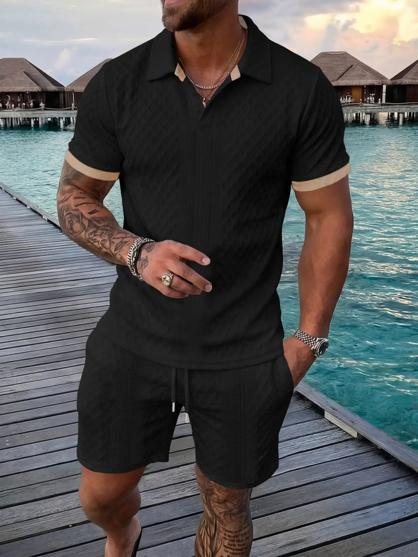 Men's Colorblock Short Sleeve Polo Shirt & Drawstring Shorts Matching Set, Textured Knit Fabric, Casual Daily Wear, Summer Clothes for Tropical Beach, Fashion Choice, Menswear