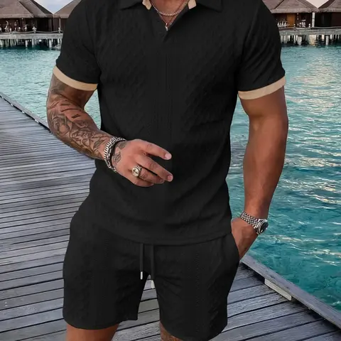 Men's Colorblock Textured Polo Shirt and Drawstring Shorts Set, Slim-Fit Casual Knitted Short Sleeve, Perfect for Daily Wear and Summer Fashion