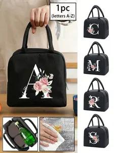 Black printed lunch bag, can be printed with A-Z letters, insulated lunch bag, Lunch cooler bag, tote bag, lightweight canvas portable lunch storage bag, school and office picnic lunch tote, unisex travel essential, Lunch Bags Women