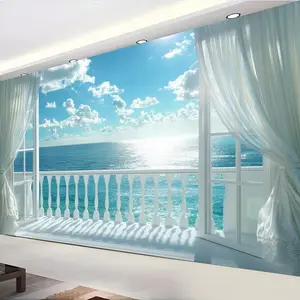 1pc Lifesmells Ultra Large Ocean View Balcony Wall Tapestry - Coastal Seascape with Floral Designs, Horizontal Textured Fabric Hanging Cloth for Living Room, Photo Backdrop, Home Decor, Tapestry Room Decor (No Electricity Needed)