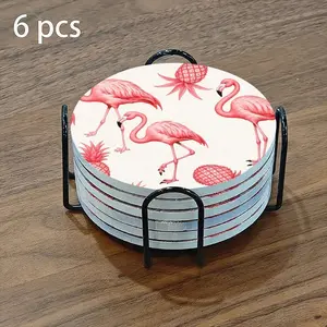 6-piece ceramic coaster set, featuring a pink flamingo and pineapple circular pattern. Heat-resistant, non-slip coasters with holders; suitable for home and dining table decorations, and as beverage mats.