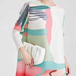 Abstract Art Dress - Multicolor Striped Design, Round Neck, 3/4 Sleeves, Casual Style, Perfect for Summer