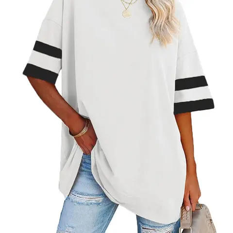 PiePieBuy Women's Casual H-Type Colorblock Crew Neck Drop Shoulder Half-Sleeve Loose Oversize Cotton-Polyester-Elastane Stretch Knit Tunic Blouse - Contrast Binding, Expandable, XXL Option, Pair with Blue Jeans