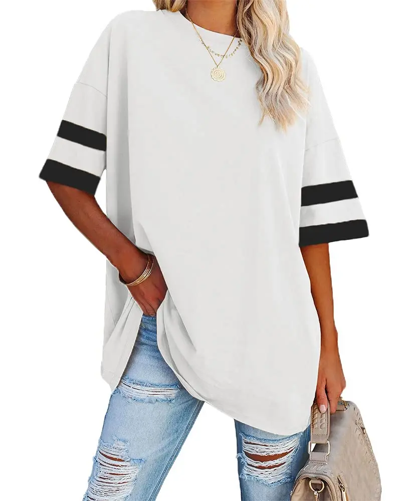 PiePieBuy Women's H-Type Colorblock Streetwear Oversized Tunic Top - Cotton-Polyester-Elastane Soft Blend, Crew Neck, Half Sleeve, Loose Fit, Contrast Binding, Expandable, XXL Option, Casual Style, Pair with Blue Jeans/White Shirt, Check Size Chart