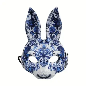 Easter Decoration Featuring a Rabbit Mask with a Traditional Blue And White Porcelain Design, Not Made of Plastic; Suitable for Face Makeup And Stage Props