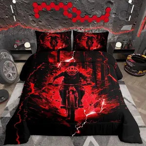 Dirt Bike Kids Bedding Set,Boys Girls ,Extreme Sports Comforter Set,Motorcycle Ultra Soft Duvet Quilt,Racing Motocross Comforter Motorbike Bedroom Decor Red