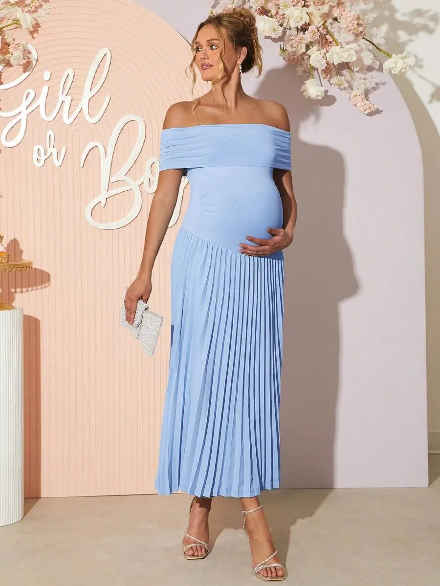 LAFERLIN Maternity Elegant Solid Color Off Shoulder Ruched Hem Dress,Gender Reveal Dress,Baby Shower Dress,Maternity Dress