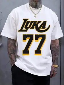 Men's short-sleeved white oversized T-shirt with a striking black and yellow "LUKA" print and the number "77". Stylish loose fit, casual design, perfect for everyday wear, comfortable and fashionable, ideal for team spirit or casual outings.