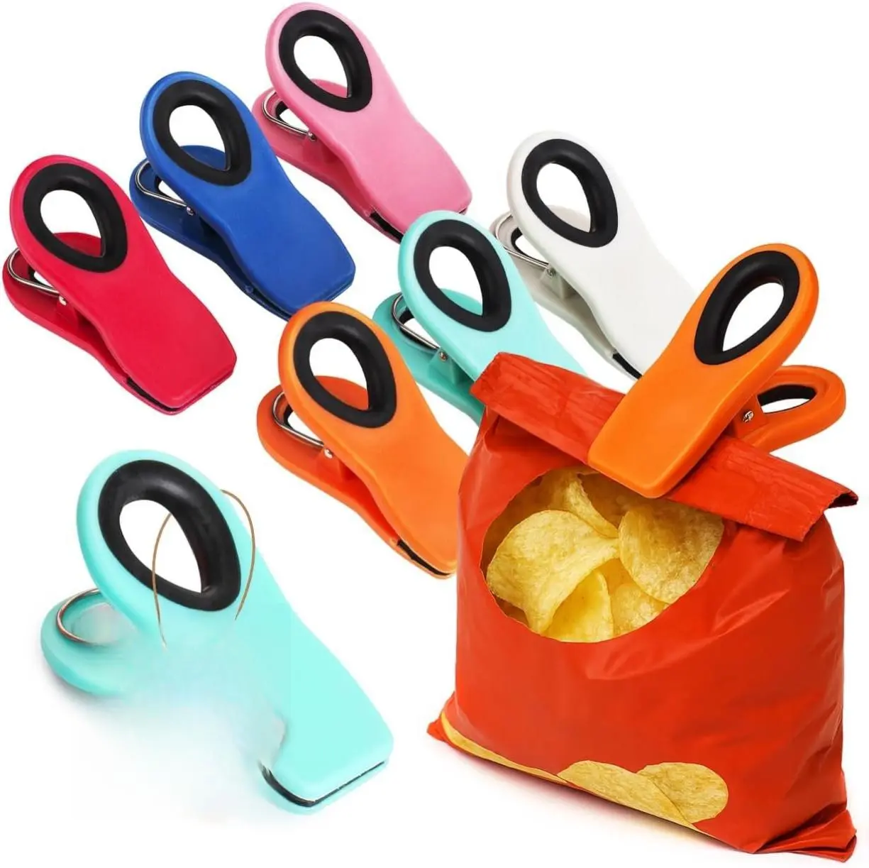 6-Pack Magnetic Chip Clips - Durable Plastic Kitchen Utensils with Embedded Magnets, Stainless Steel Springs, 3" (3 inches) Long, Holds & Keeps Bags Closed for Food Packages, Fridges