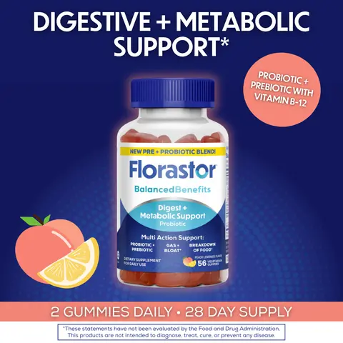 Florastor Prebiotic and Probiotic Gummies Supplement, Digestive and Metabolic Support Probiotic Blend for Multi-Action Digestive Healthcare, with Vitamin B12