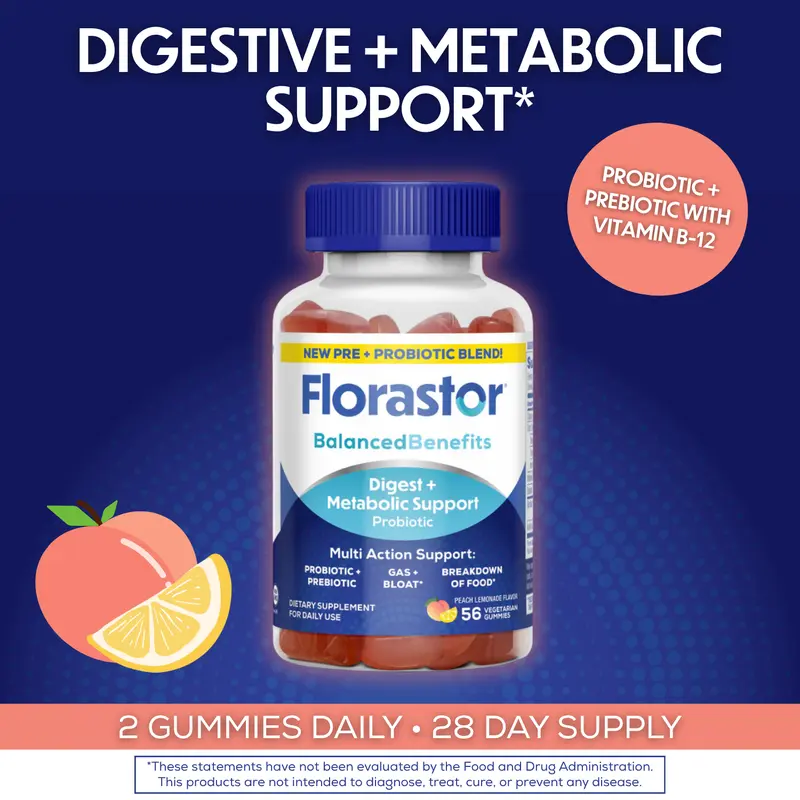 Florastor Prebiotic and Probiotic Gummies Supplement, Digestive and Metabolic Support Probiotic Blend for Multi-Action Digestive Healthcare, with Vitamin B12