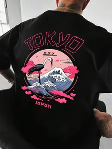 Japanese Street Style Streetwear Fuji Mountain Crane Print T-Shirt, Unisex Loose Oversized American Street Short Sleeve, Casual Graphic Tee