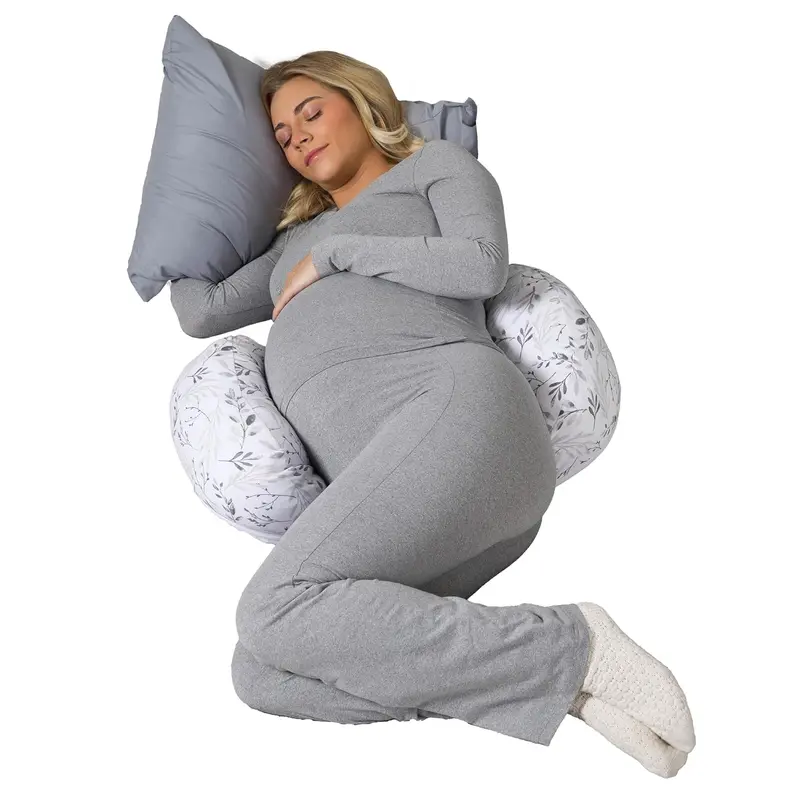 Boppy Side Sleeper Pregnancy Pillow, Gray Falling Leaves, Portable, Supportive Pregnancy Pillows for Sleeping on Your Side, Stay-Put Design with Stretchy Center Panel That Grows with Your Bump