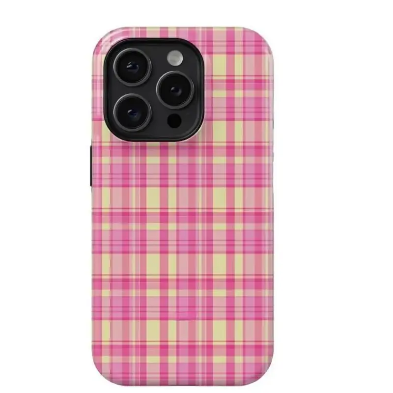 Pink & Yellow Plaid Protective Cellphone Casing - Mobile Phone Protection Accessory for iPhone 17,16,15,14,13,12,11 Pro Max Plus, Samsung Galaxy S26,S25,S24,S23,S22 Ultra