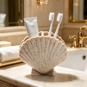 Seashell Shape Resin Toothbrush Holder, Creative Countertop Bathroom Organizer for Toothpaste Toothbrush, Aesthetic Coastal Home Decor Bathroom Accessory