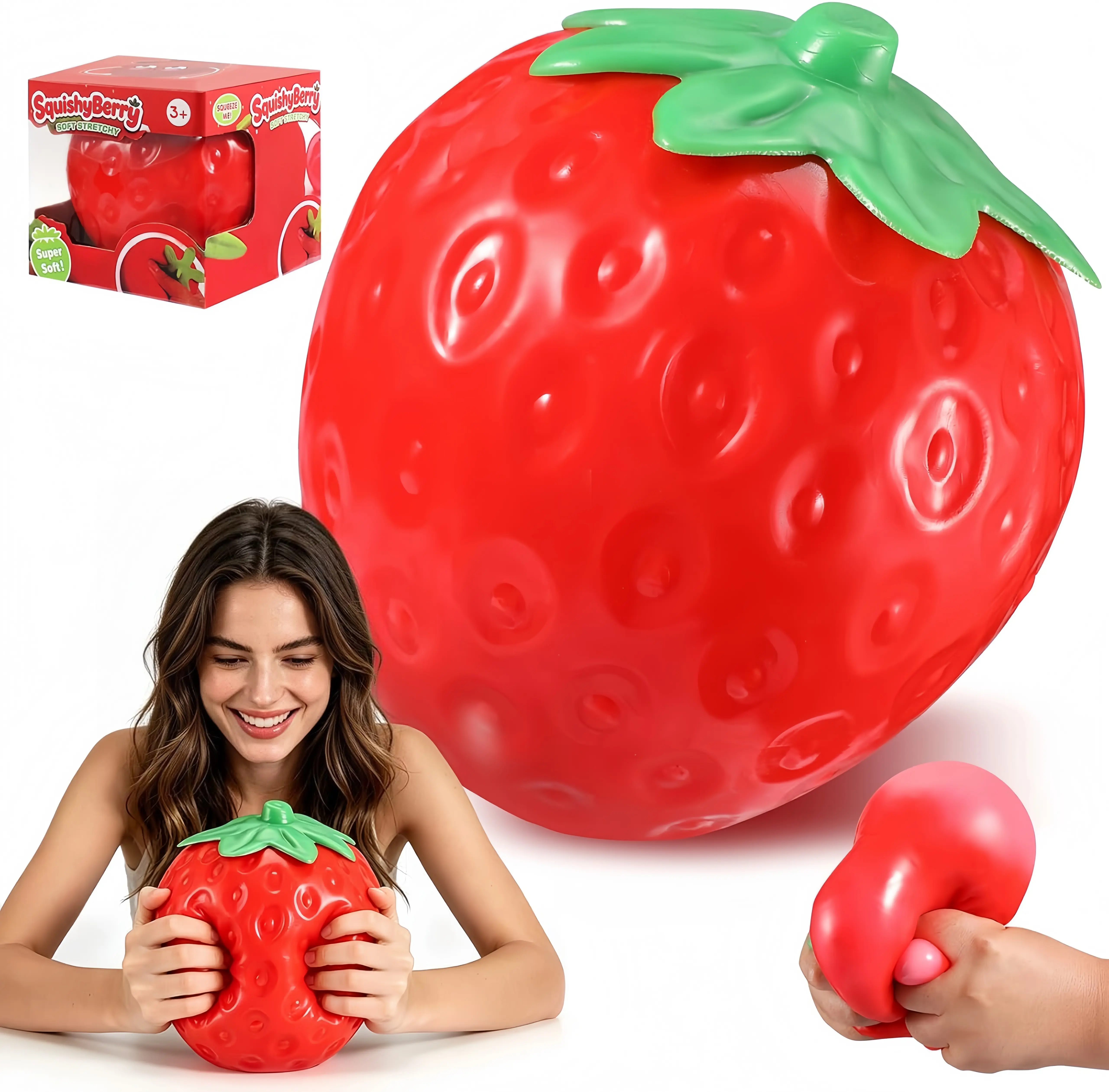 Giant Strawberry Squishy Fidget Toy, Super Soft Stretchable Squeeze Toy, Large Size Fruit Shaped Stress Relief Sensory Decompression Toy for Kids Adults, Anxiety Relief Novelty Gift for Party Favor Desktop Decor