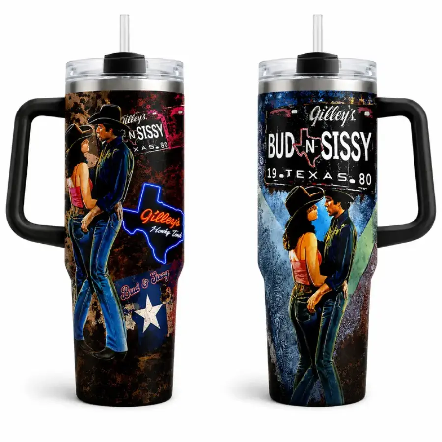 Urban Cowboy Gilley's Bud & Sissy Tumbler 30oz 40oz, Texass Honky Tonk Western Movie Fan Cup with Handle, Cowboy Couple Gift, Straw Not Included
