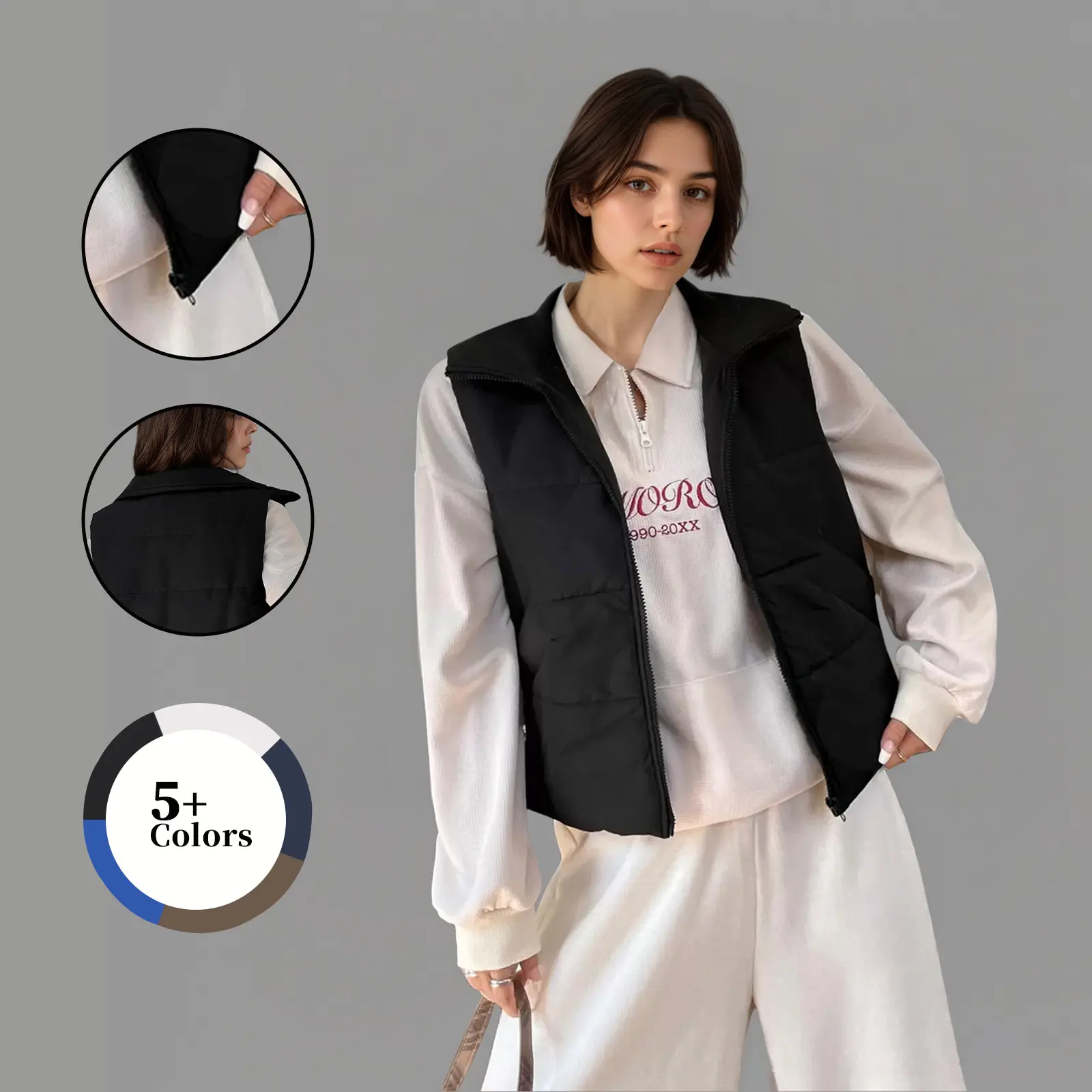 Cimmuovere  Winter Fashion Christmas Women's Down Vest Solid Color Zipper Casual Vest Black Funnel Neck Regular Fit 100% Polyester Non-Stretch Fabric Sleeveless Style Womenswear Clothes