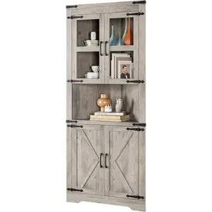 67 Inch Tall Corner Cabinet with Glass Door Freestanding Wooden Corner Storage Cabinet with Adjustable Shelves Space Saving Design for Bathroom Kitchen Living Room-Grey