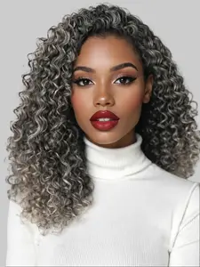 Half Wig 3 In 1 Seamless Wig None Lace Front Curly Wave Half Wig Wear and Go Glueless Wigs for Women Daily Party Curly Headband Wigs Black Mix Gray to White 14inch/8.3oz