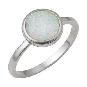 Sterling Silver Round White Opal Low Bezel Set Ring