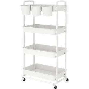 Four-tier plastic rolling storage cart, multifunctional cart, equipped with additional cup holders, handle, and lockable wheels, suitable for living room, bathroom, kitchen, office, white